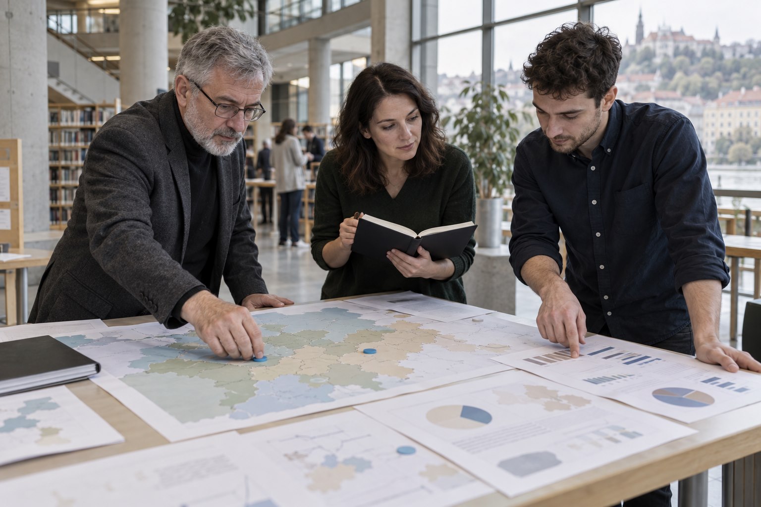 Researchers analysing casino industry data on paper