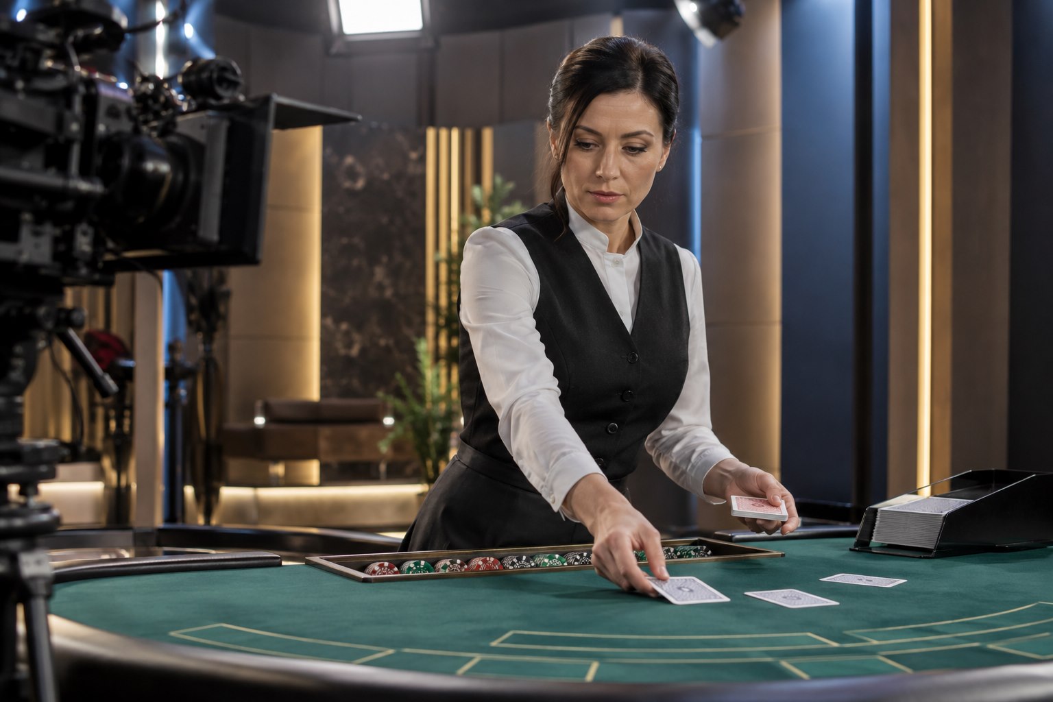 Croupier dealing cards in a live casino studio