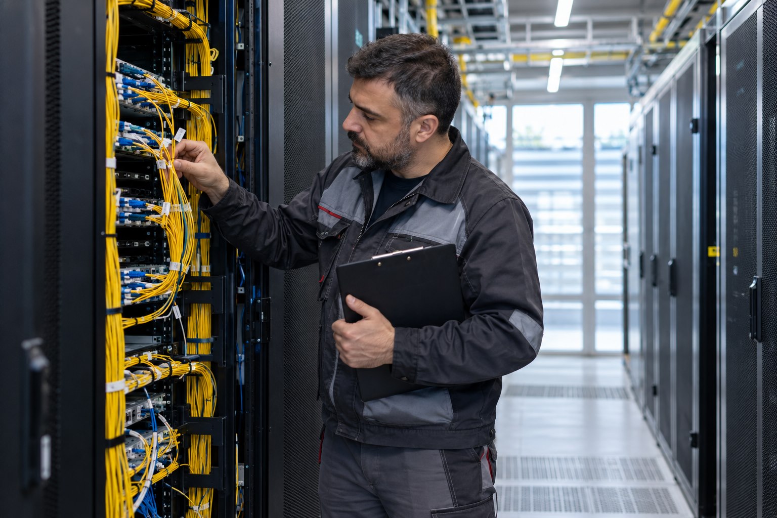 Technician inspecting online market network infrastructure
