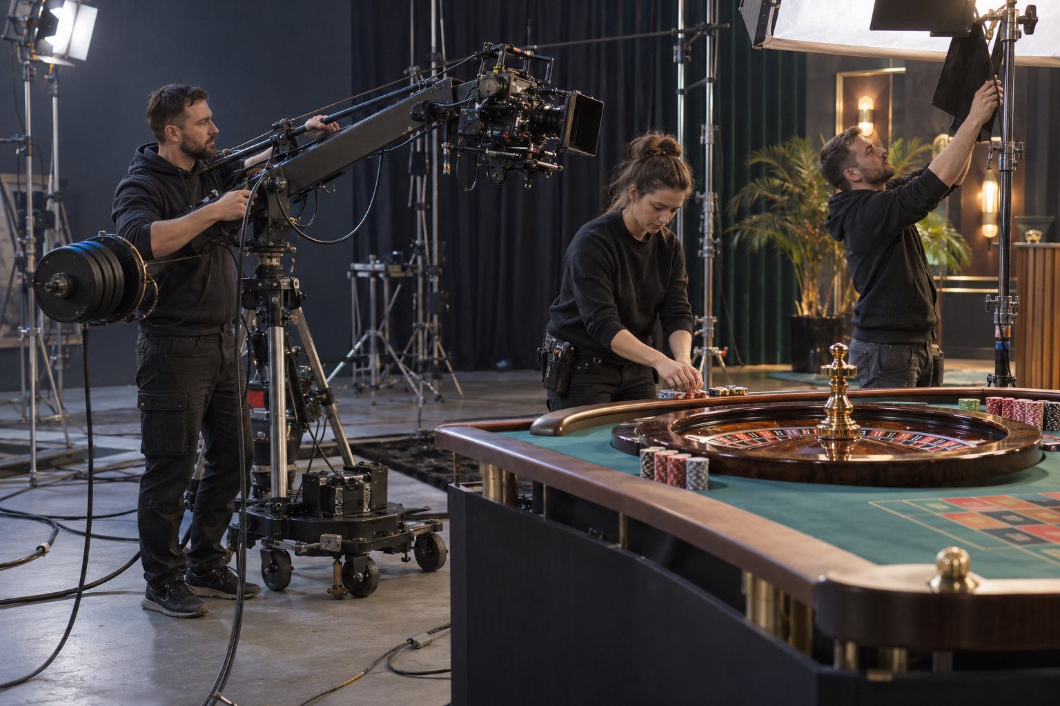 Production crew preparing a live casino release set