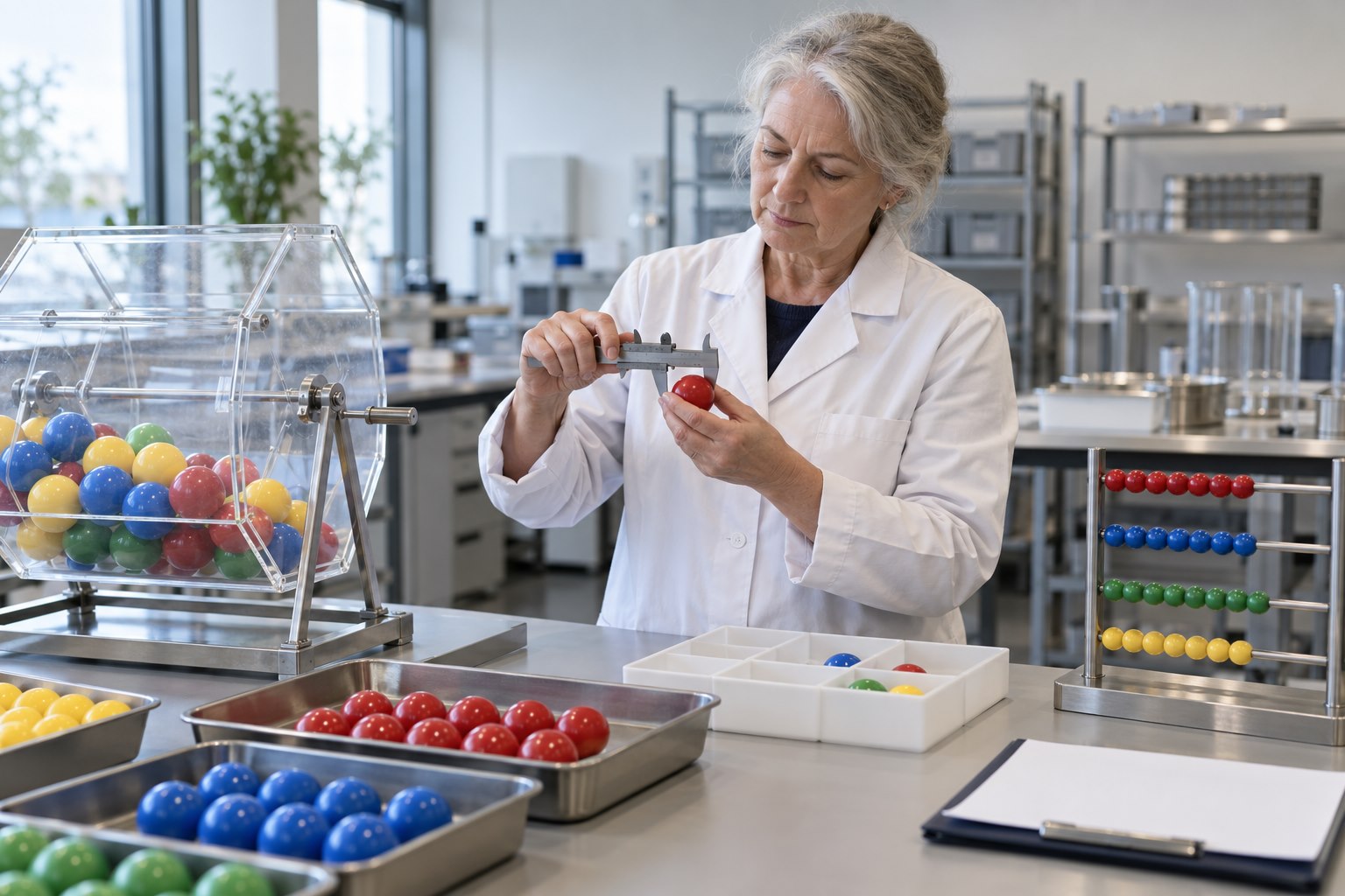 Laboratory technician measuring randomisation test balls